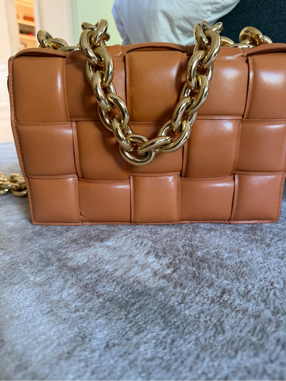 Woven Leather Chain Shoulder Bag in Tan